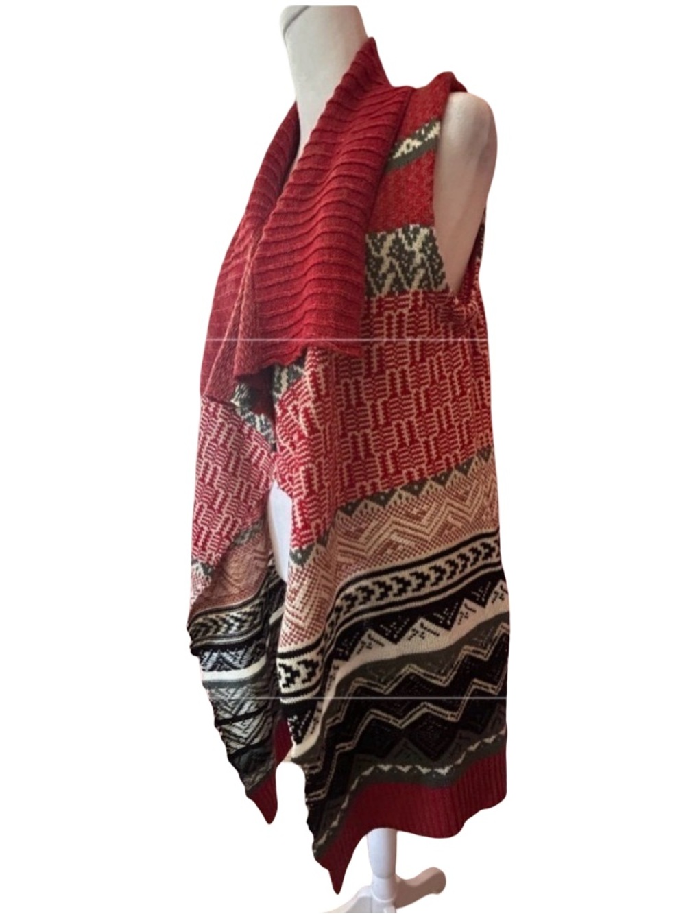 GH Bass Cardigan sweater vest Red Aztec Southwestern Open Front Long duster S - Picture 5 of 9
